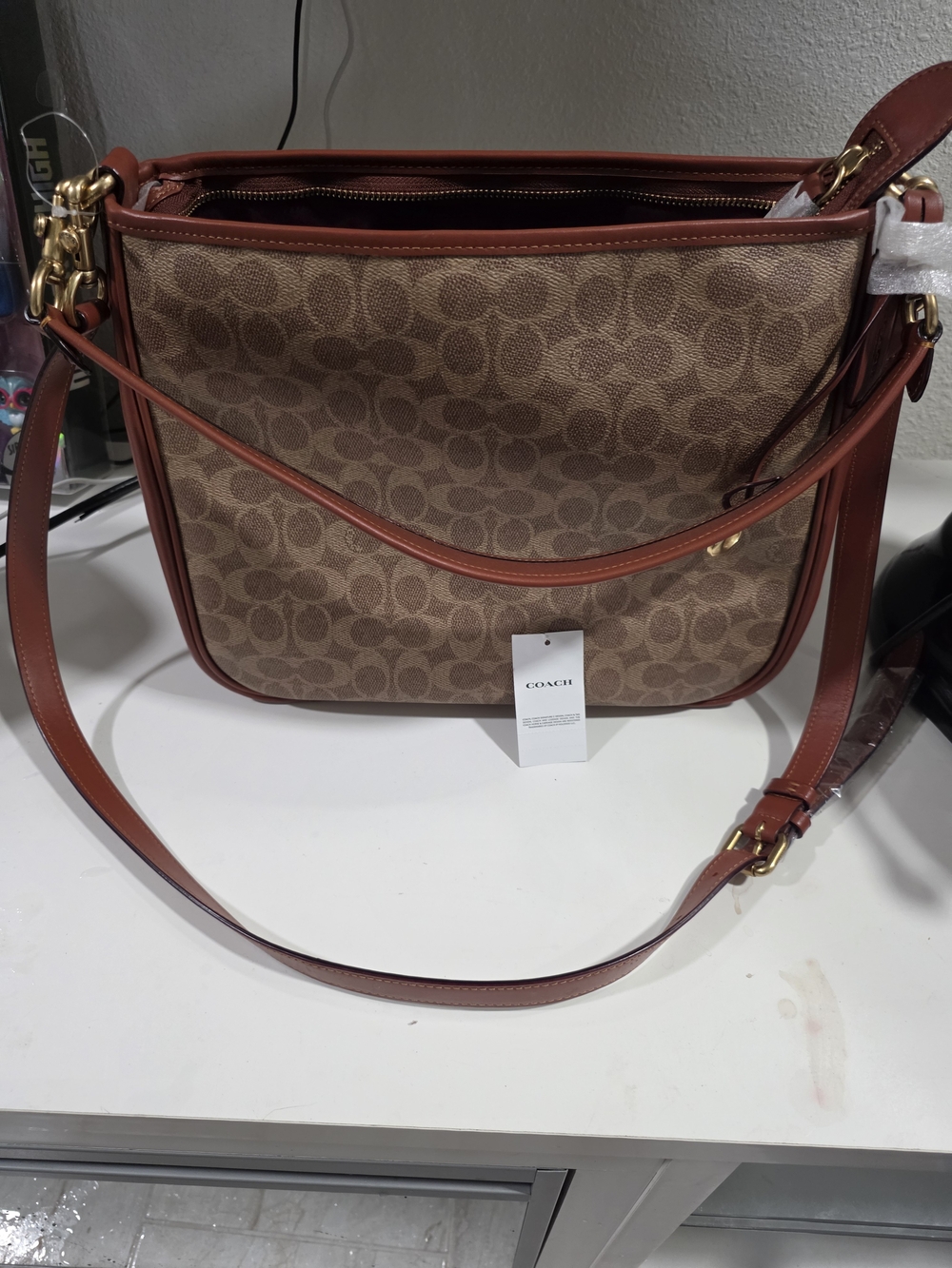 Coach Signature Canvas Shoulder Bag in Tan with Saddle Trim